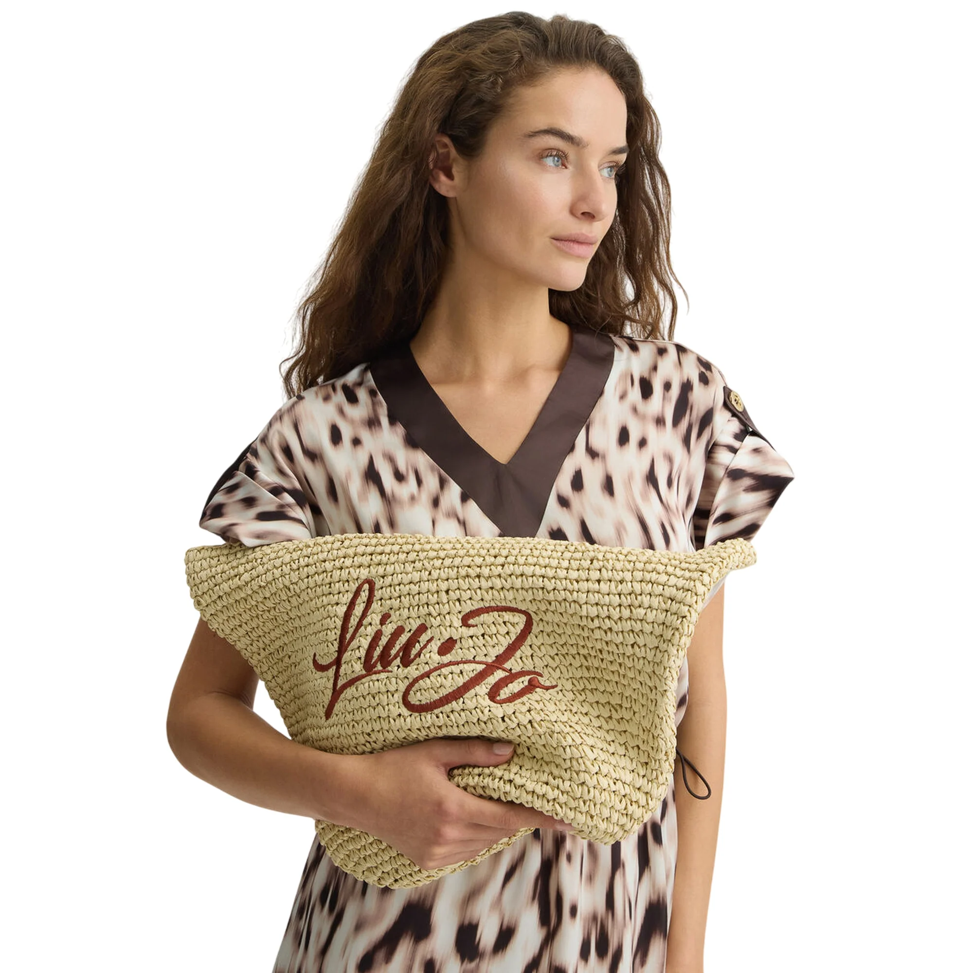 Borsa media da donna in rafia con logo - Image 3